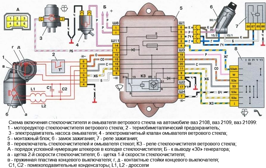Схема работы очистителя на ВАЗ 2109, в четырке она идентичная Схема работы очистителя на ВАЗ 2109, в четырке она идентичная